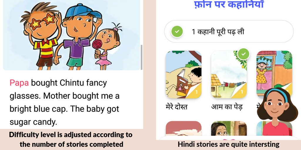 Image showing a sample english story from the app on one side and a list of hindi stories on the other side