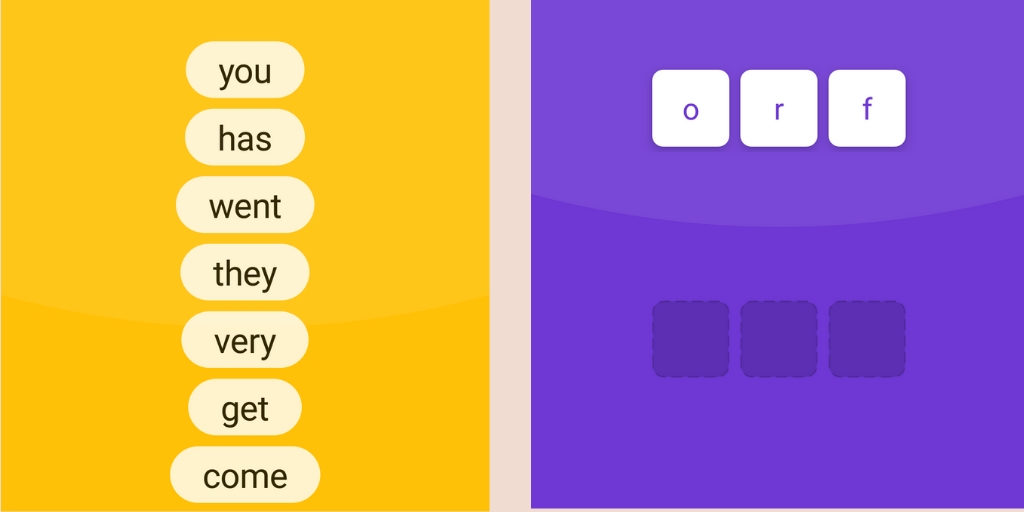 Image depicting the two games available on Bolo - one being a rapid reading exercise and the other is a Jumbled letters game