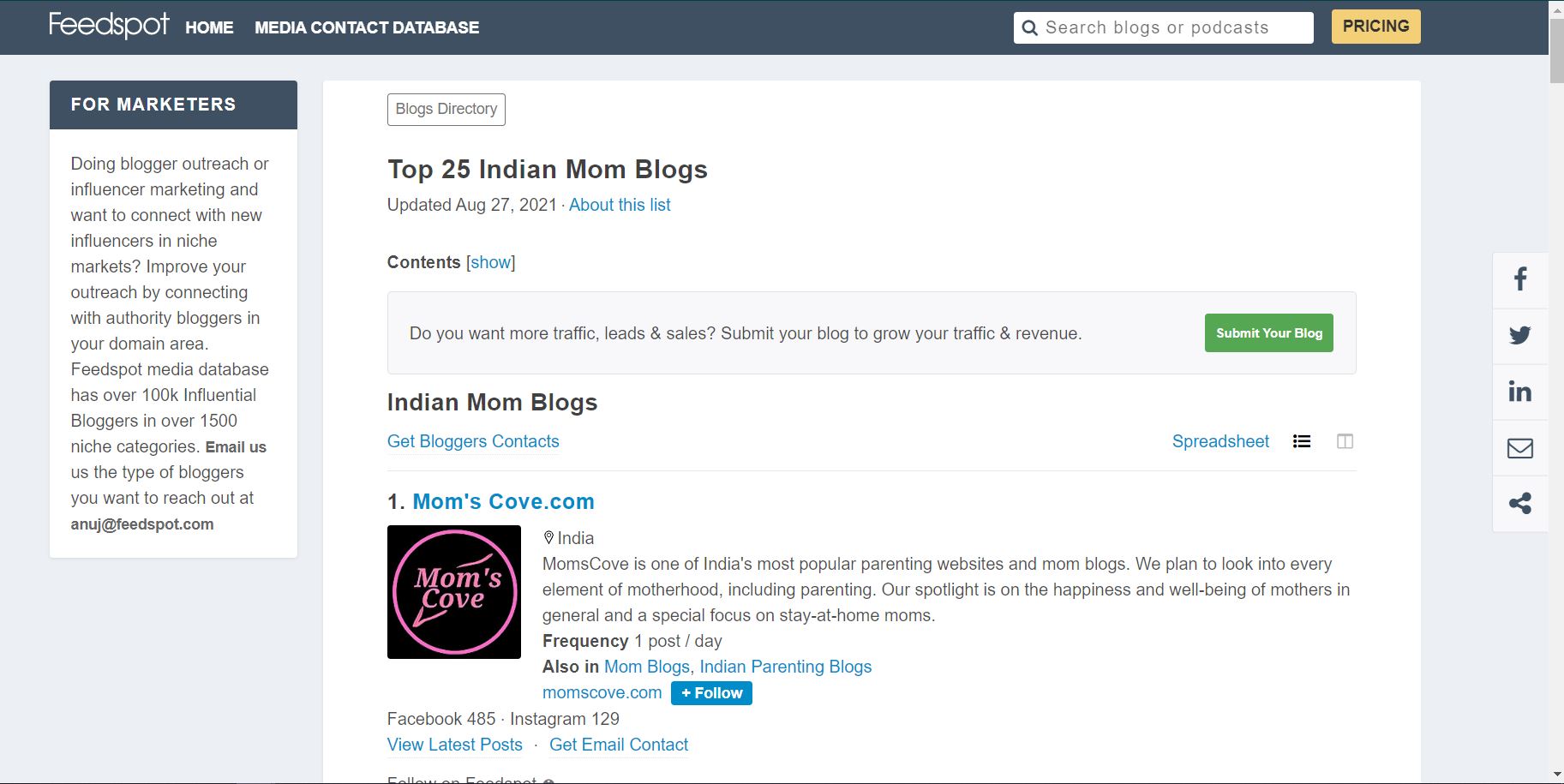 Momscove features in top 25 mom blogs in India